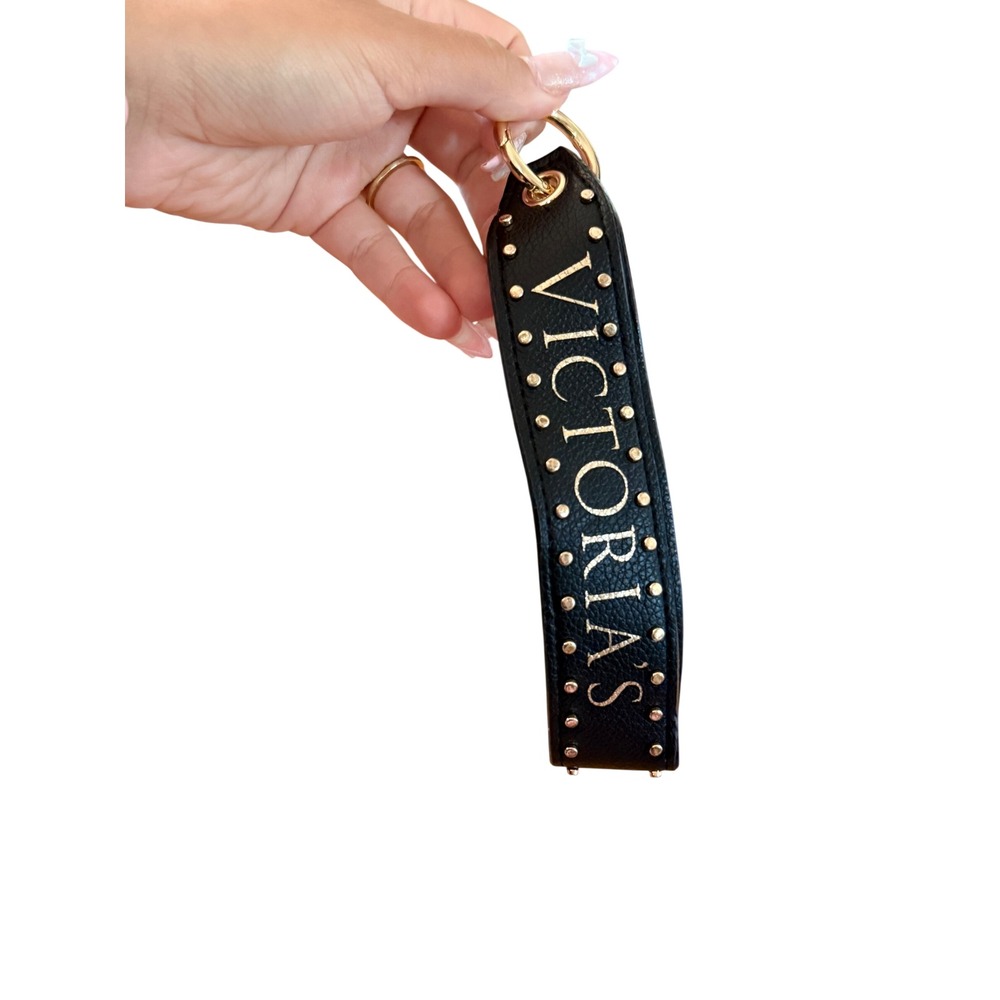 Victorias Secret Black Studded Faux Leather Keychain Wristlet Strap‎ Gold Logo